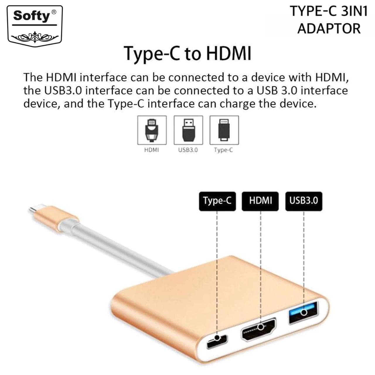 Softy premium quality Type-C 3in1 hub ( hdmi, usb, type-c )