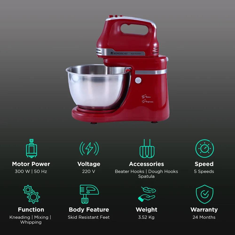 WONDERCHEF Crimson Edge 300 Watts Stand Mixer (3 Attachments, Skid-Resistant Feet, 63153021, Red)-Home & Kitchen Accessories-dealsplant