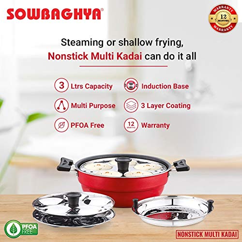 Sowbaghya Non Stick Induction Base Multi Kadai (2 Idli Plates + 1 Steamer Plate) (Dia: 250mm) (Thickness: 3mm) (3Ltr) | All-in-One Idli Cooker Multi Kadhai Steamer | Idli Maker with Steamer-kadai-dealsplant