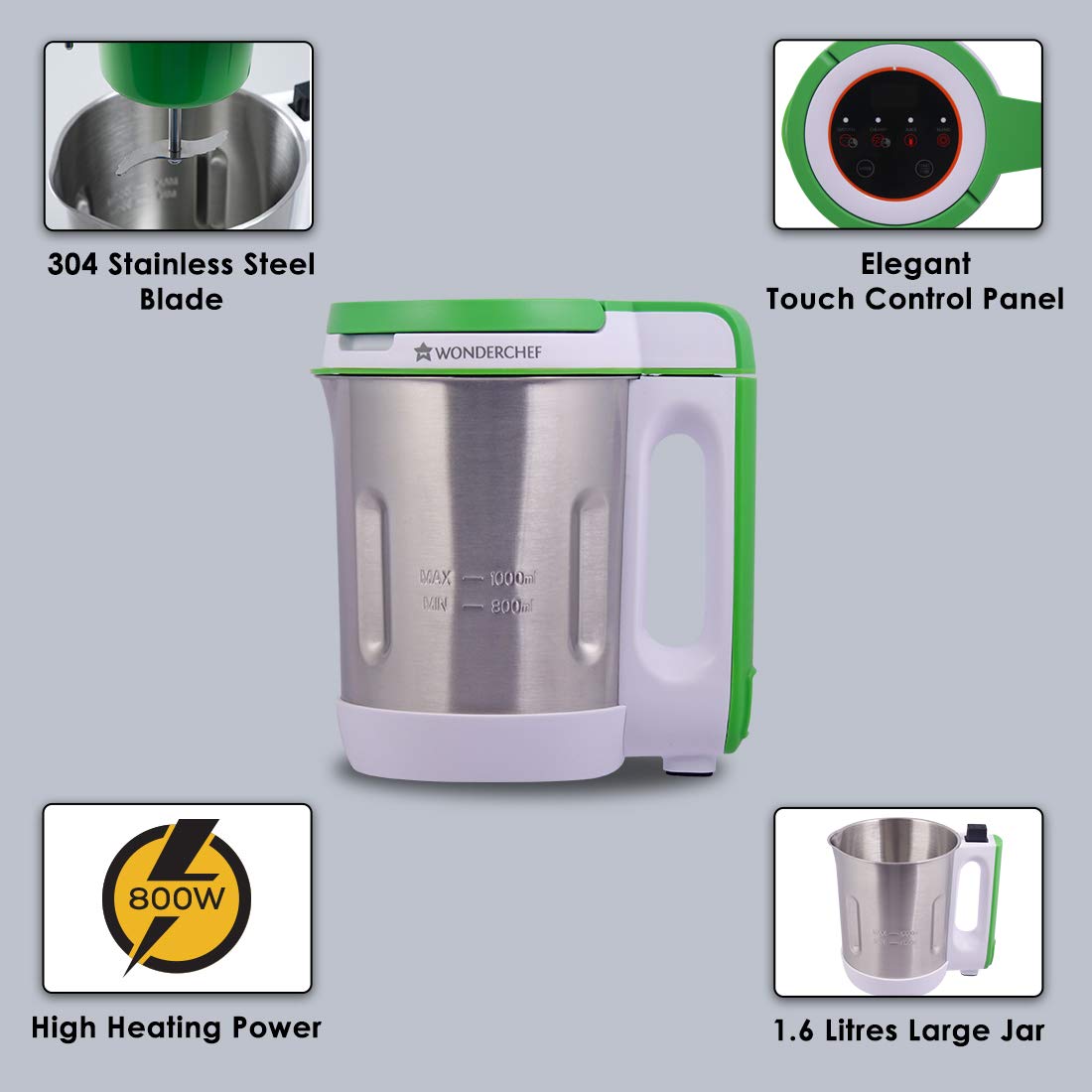 Wonderchef Automatic Soup Maker | 1.0 Litre | 800 Watts Heater | SS Blades & Bowl (Jug) | Soup in just 20 mins | 2 Years Warranty | White, Green & steel-Home & Kitchen Accessories-dealsplant