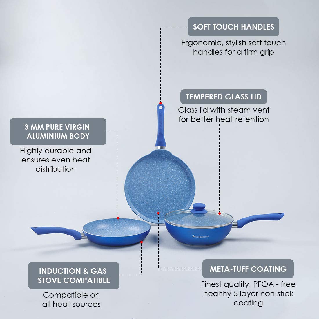 Wonderchef Royal Velvet Plus Induction Base Aluminium Nonstick Cookware 4-Piece Set | Frying Pan, Wok, Dosa, Tawa | Blue-Home & Kitchen Accessories-dealsplant