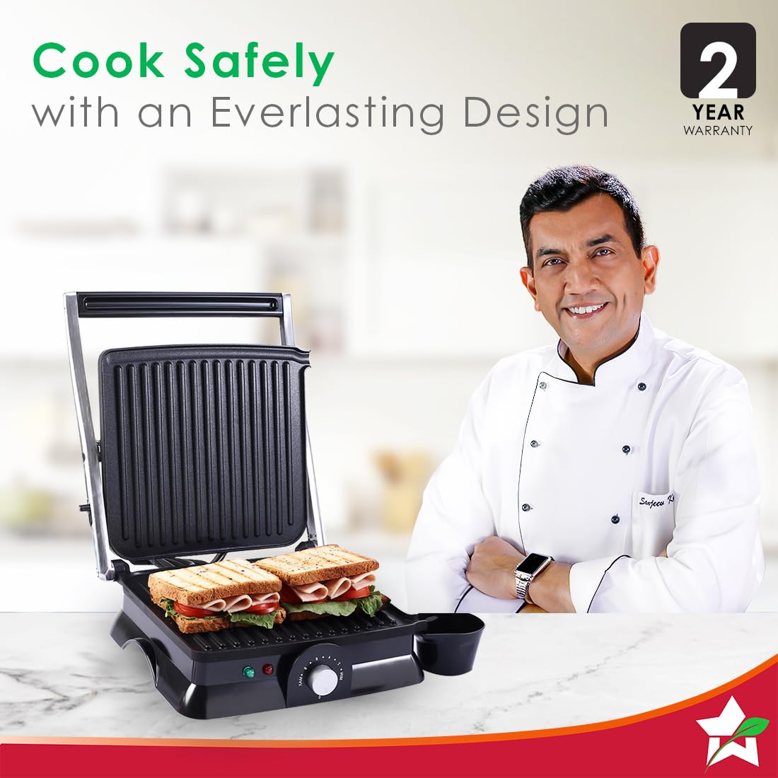 Wonderchef Sanjeev Kapoor Tandoor Family Size| Electric Contact Grill & Sandwich Maker| 3-in-1 Appliance|1600 Watt|180 Degree Grilling|Cool Touch Handle|Auto Shut Off|2 Year Warranty| Black & Silver-Home & Kitchen Accessories-dealsplant