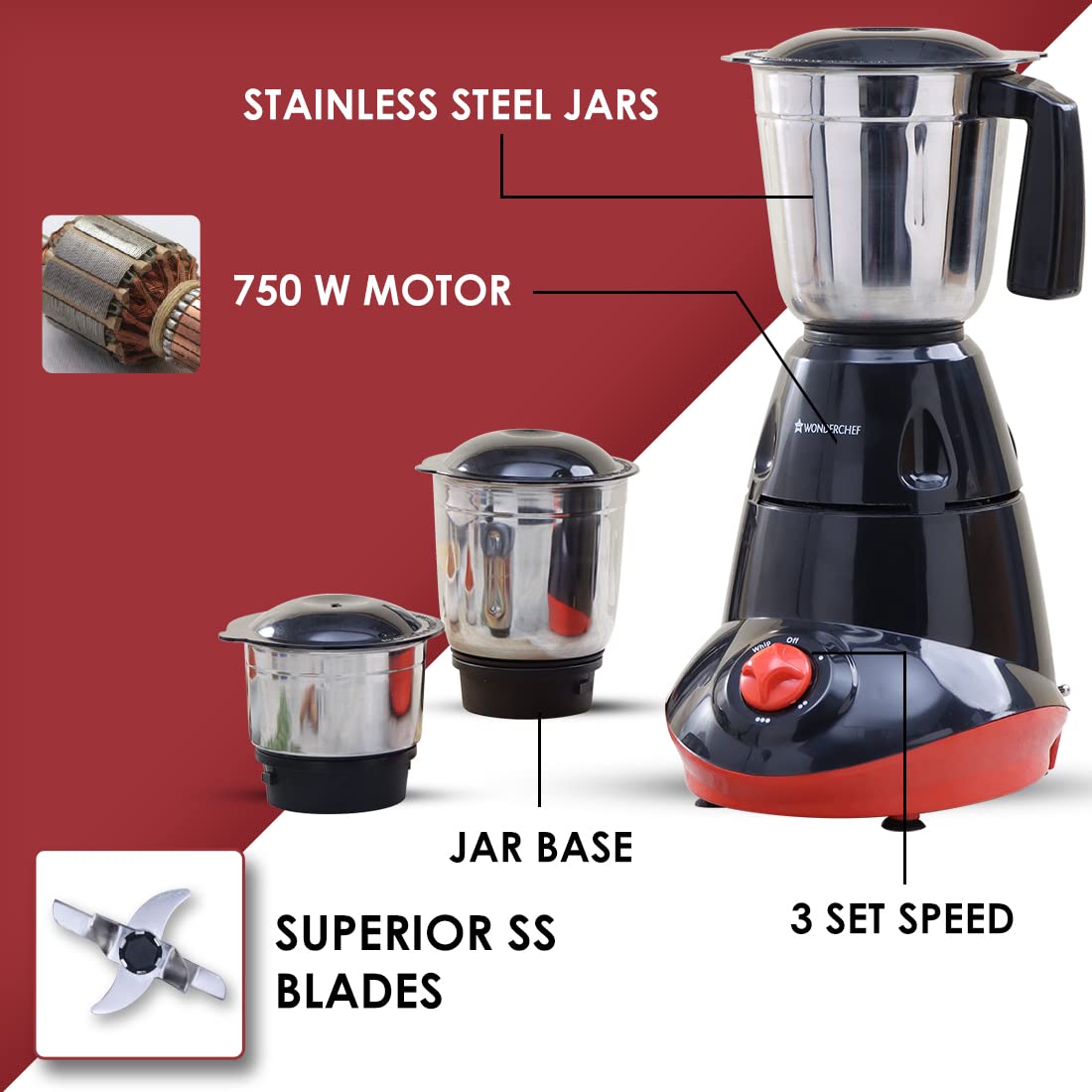 Wonderchef Capri Mixer Grinder 750W, 3 Stainless Steel Jars, Black & Red, 5 Years Warranty-Home & Kitchen Accessories-dealsplant