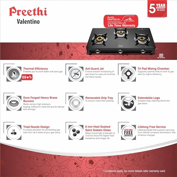 Preethi Valentino Carbon 3 Burner Gas Stove - GTS 121-GAS STOVE-dealsplant