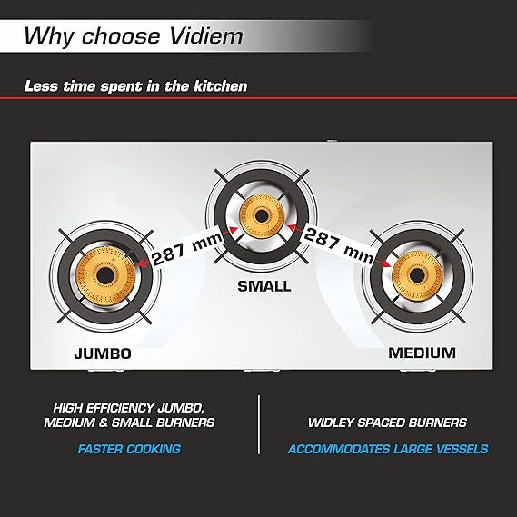 Vidiem Gas Stove S3 225 A Tusker (Silver) | Stainless Steel 3 Burner Gas Stove | Manual Ignition | Safety, Reliability, High Efficiency | ISI Certified | 5 years warranty-GAS STOVE-dealsplant