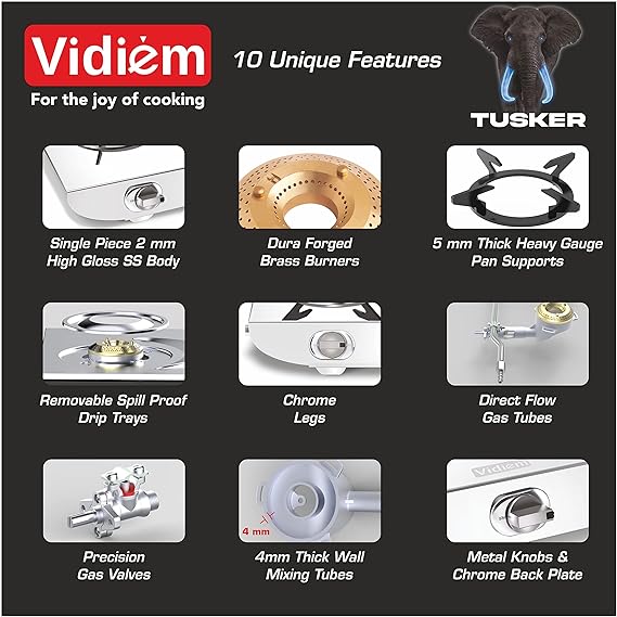 Vidiem Gas Stove S3 225 A Tusker (Silver) | Stainless Steel 3 Burner Gas Stove | Manual Ignition | Safety, Reliability, High Efficiency | ISI Certified | 5 years warranty-GAS STOVE-dealsplant