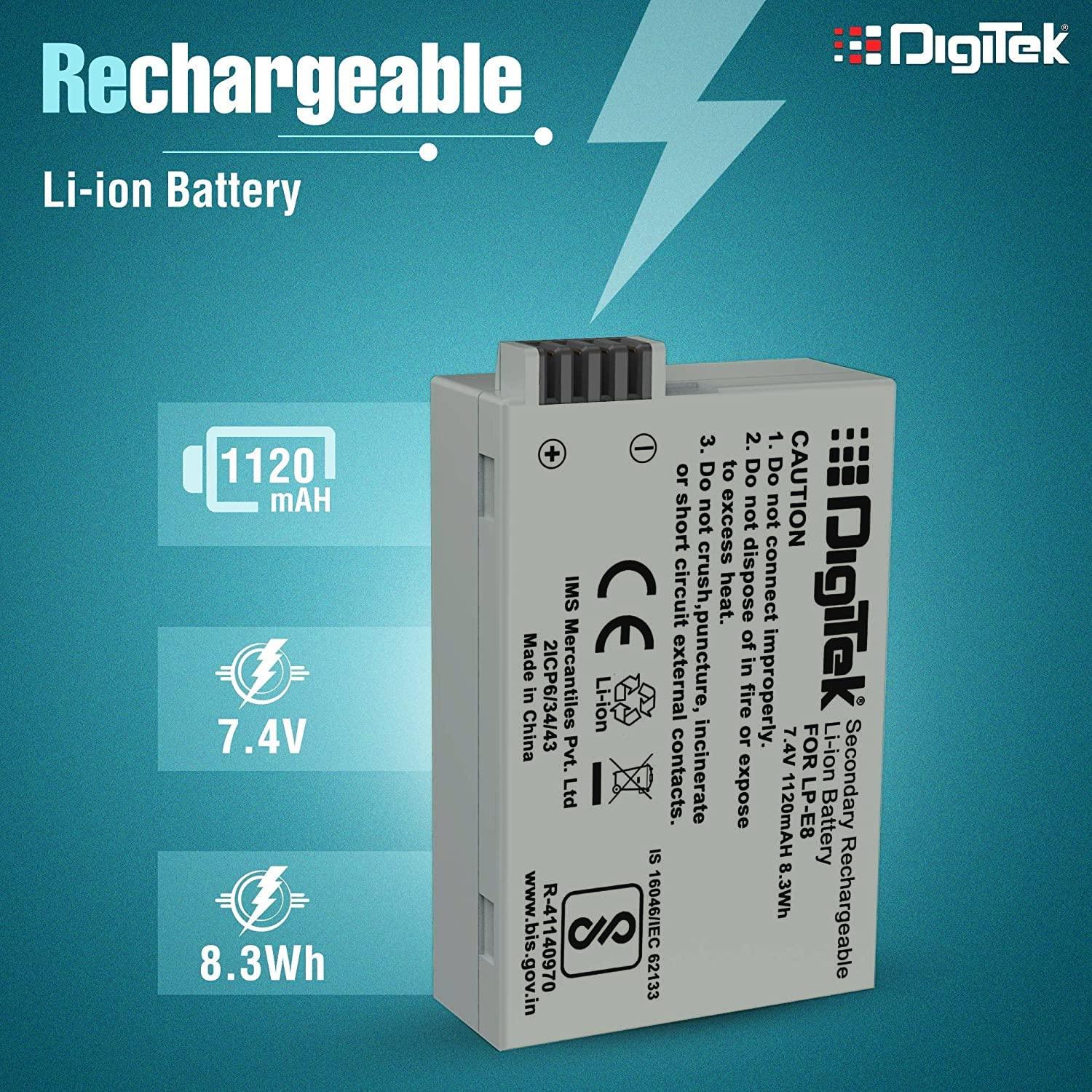 DIGITEK® (LP E8) Lithium-ion Rechargeable Battery for DSLR Camera, Compatibility - Power EOS 55D, 600D, D650, 700D, EOS KISSX4, EOS Rebel T2i, T3i, T4i & T5i (6 month warranty)-Camera Batteries-dealsplant