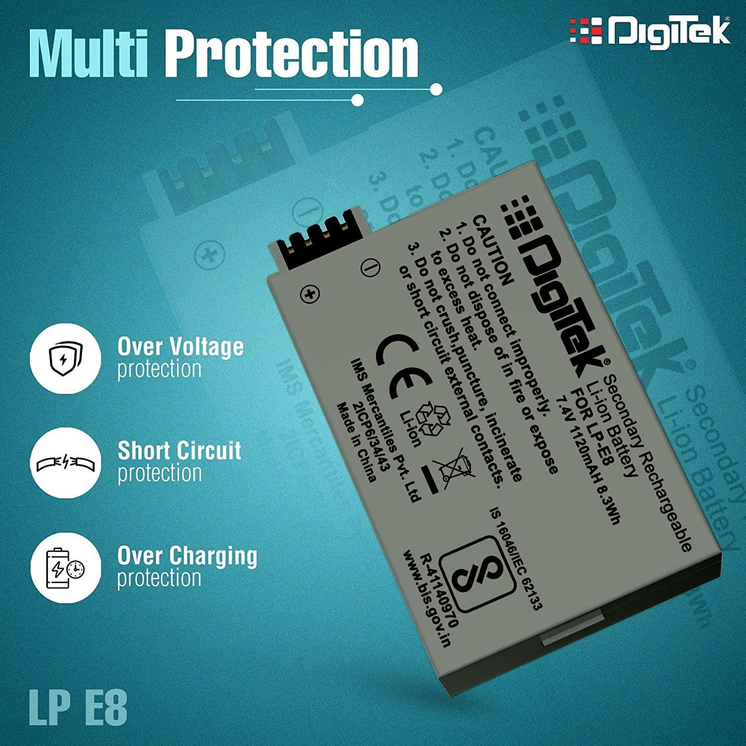 DIGITEK® (LP E8) Lithium-ion Rechargeable Battery for DSLR Camera, Compatibility - Power EOS 55D, 600D, D650, 700D, EOS KISSX4, EOS Rebel T2i, T3i, T4i & T5i (6 month warranty)-Camera Batteries-dealsplant